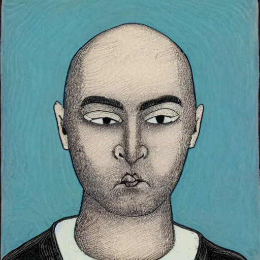 Image similar to portrait of bald short - bearded man with round face, small eyebrows, wide lips and kind blue eyes, minimalictic black and white art brut, ink, pencil