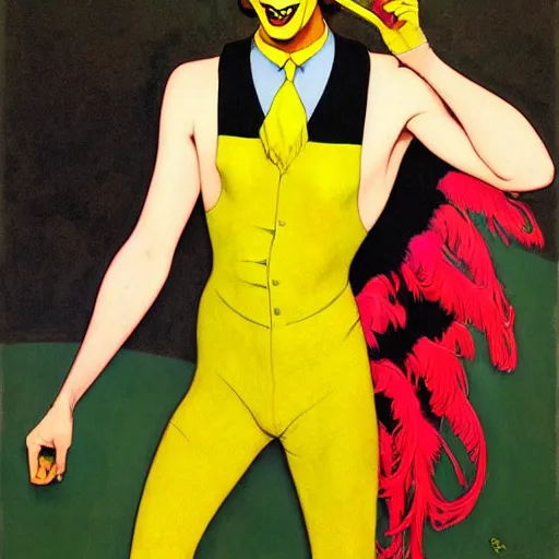 Image similar to art by joshua middleton, the yellow creeper, a tall manically smiling yellow - skinned man with green and black striped cycling shorts and wearing a long red and black striped ostrich feather boa, yellow makeup, mucha, kandinsky, poster, art deco motifs, comic art, stylised modern design, scarlet feather boa