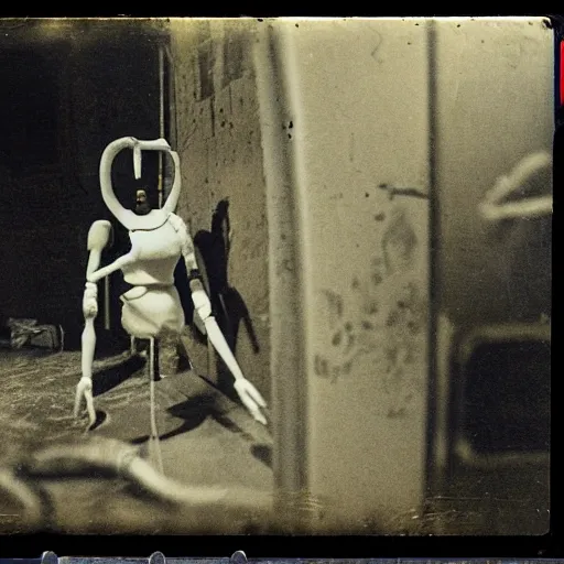 Prompt: female alive, creepy marionette puppet, horrific, unnerving, clockwork horror, pediophobia, lost photograph, dark, forgotten, final photo found before disaster, human laying unconscious in the background, polaroid, concrete room