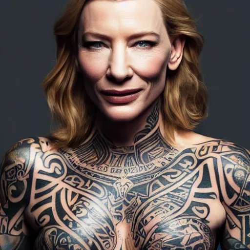 Image similar to high resolution image of cate blanchett with full body maori tattoos , highly detailed, photorealistic, 4k