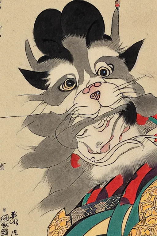 Image similar to a little - known commission from a famous ukiyo - e artist depicts the fursona of tokugawa ieyasu, furry shogun, tokugawa era watercolor illustration