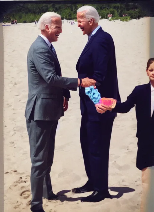 Image similar to candid polaroid of Jeffery Epstein! shaking hands with Joe Biden!, real, at beach. Smiling, holding ice cream.