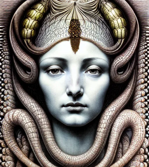 Image similar to detailed realistic beautiful cleopatra face portrait by jean delville, gustave dore, iris van herpen and marco mazzoni, art forms of nature by ernst haeckel, art nouveau, symbolist, visionary, gothic, neo - gothic, pre - raphaelite, fractal lace, intricate alien botanicals, ai biodiversity, surreality, hyperdetailed ultrasharp octane render