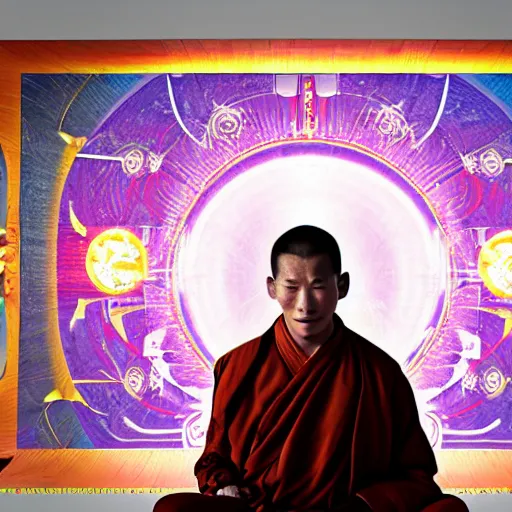 Prompt: portrait of a tibetan monk with facial cybernetic enhancements praying to a futuristic screen, photography