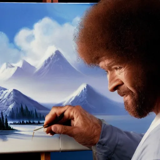 Prompt: a closeup photorealistic photograph of bob ross working on a canvas painting of superman. film still. brightly lit scene. mountains and trees. this 4 k hd image is trending on artstation, featured on behance, well - rendered, extra crisp, features intricate detail, epic composition and the style of unreal engine.