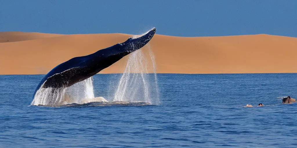 Image similar to giant whale swimming in sand dunes, photography