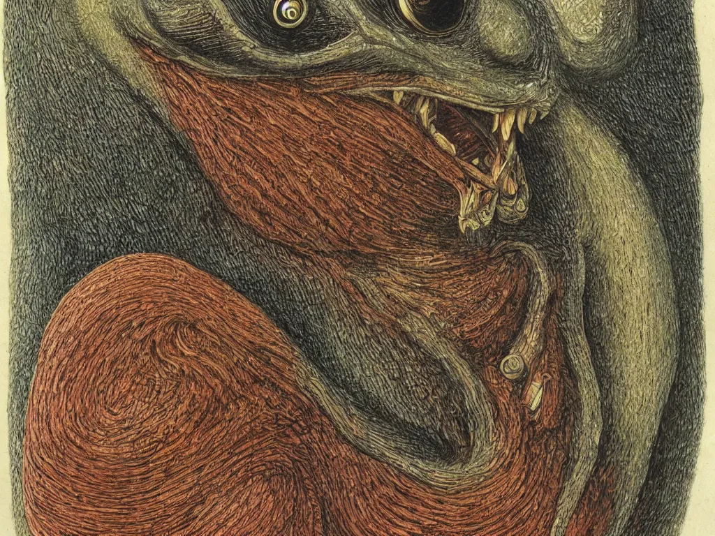 Image similar to close up view of a creature. codex seraphinianus, walton ford