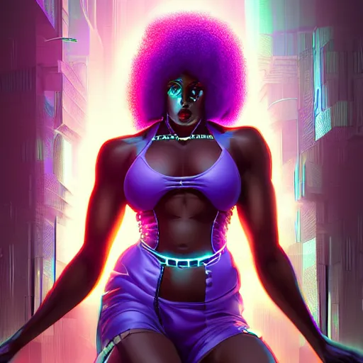 Image similar to cyberpunk black woman with afro hair, corcovado on the background, blue and purple digital art trending on artstation, atmospheric lighting, artgerm