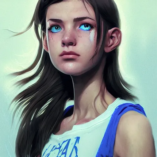 Image similar to portrait of a brunette thin teenager girl with blue eyes wearing school uniform in fallout, light stubble, digital art,photorealistoc,art by greg rutkowski,hyperdetailed,western comic style,comic,comic style,sharp lineart,professional lighting,deviantart,artstation,trevor henderson,rossdtaws,cinematic,dramatic