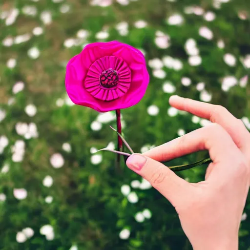 Image similar to A hand with too many fingers holding a plastic flower with a long stem, award-winning photo, DSLR color