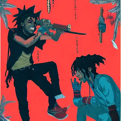 Image similar to Young Thug, Playboi Carti and Lil Uzi Vert, Ninja Scrolls, Gang, Pistol, Blood, red smoke, by Sachin Teng, by artgem, by Loish Trending on artstation