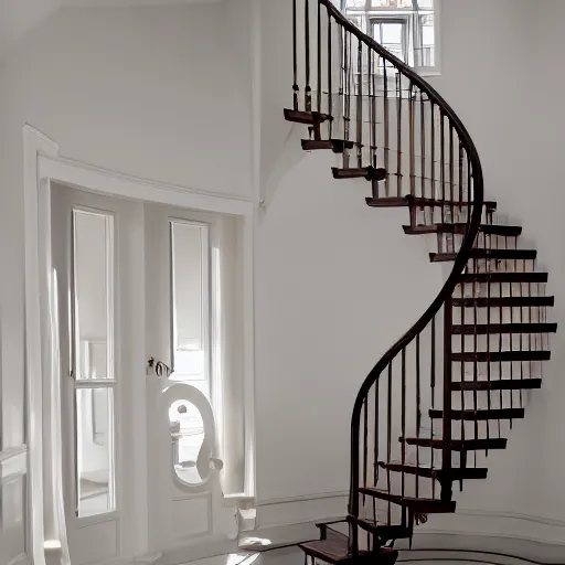 Prompt: two elegant spiral staircases rise up to a landing, a beautiful girl with long dark hair, dressed in white , stands at the top