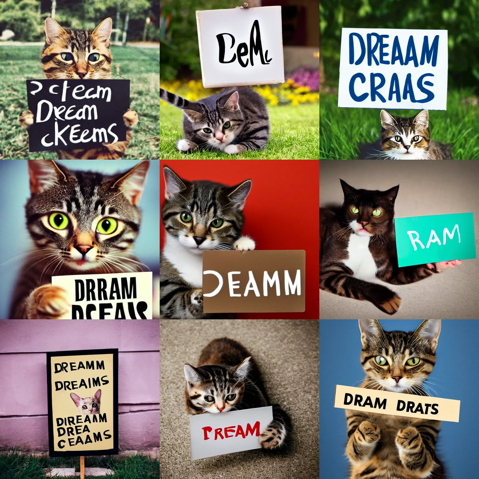 Image similar to realistic high quality photo of a cute cat holding a sign with text that reads : dream cats