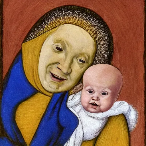 Image similar to painting of a baby that looks like benjamin netanyahu smiling while being held by his mother, by duccio