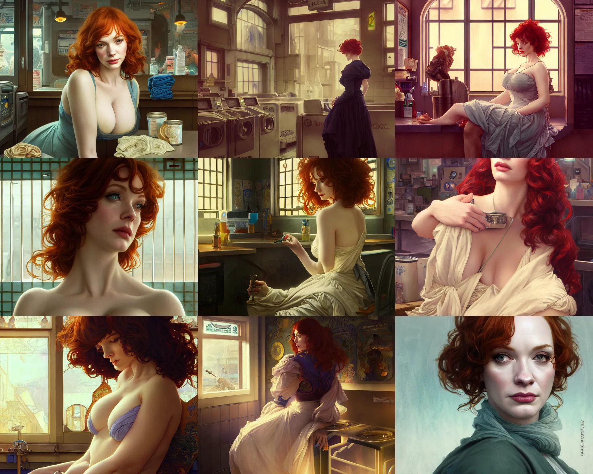 Prompt: christina hendricks in a laundromat, deep focus, intricate, elegant, highly detailed, digital painting, artstation, concept art, matte, sharp focus, illustration, art by artgerm and greg rutkowski and alphonse mucha