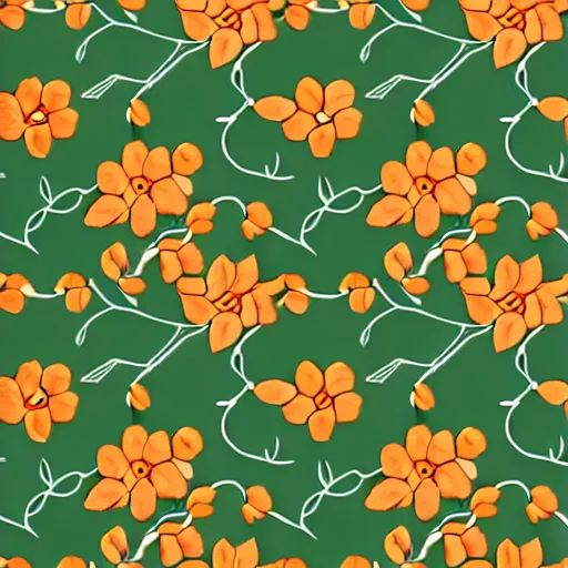 Prompt: repeating fabric pattern, minimalistic, miniature tiny orange and peach color flowers, green and brown vines and leaves, in the style of Bonnie Christine