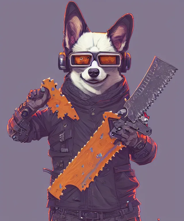 Image similar to a portrait of an anthropomorphic cyberpunk corgi holding a chainsaw, fantasy, elegant, digital painting, artstation, concept art, matte, sharp focus, illustration, art by josan gonzalez