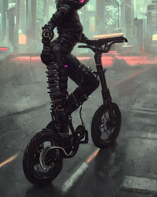 Image similar to girl wearing cyberpunk intricate streetwear riding bike, respirator, detailed portrait, cell shaded, 4 k, concept art, by wlop, ilya kuvshinov, artgerm, krenz cushart, greg rutkowski, pixiv. cinematic dramatic atmosphere, sharp focus, volumetric lighting, cinematic lighting, studio quality