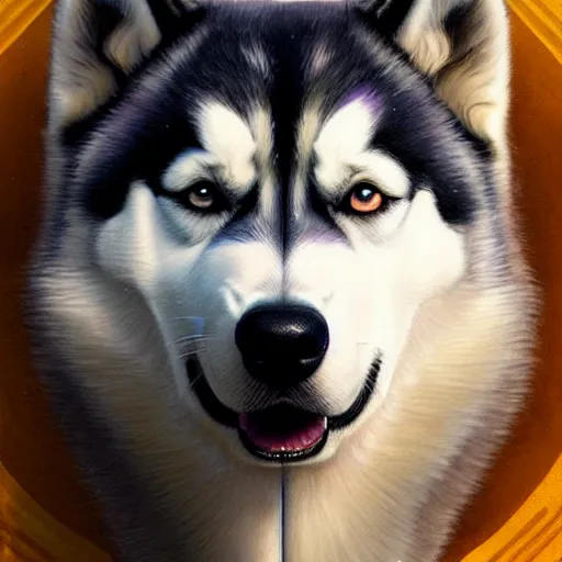 Image similar to beautiful detailed picture of a husky, intricate, elegant, highly detailed, my rendition, digital painting, artstation, concept art, smooth, sharp focus, illustration, art by artgerm and greg rutkowski and alphonse mucha