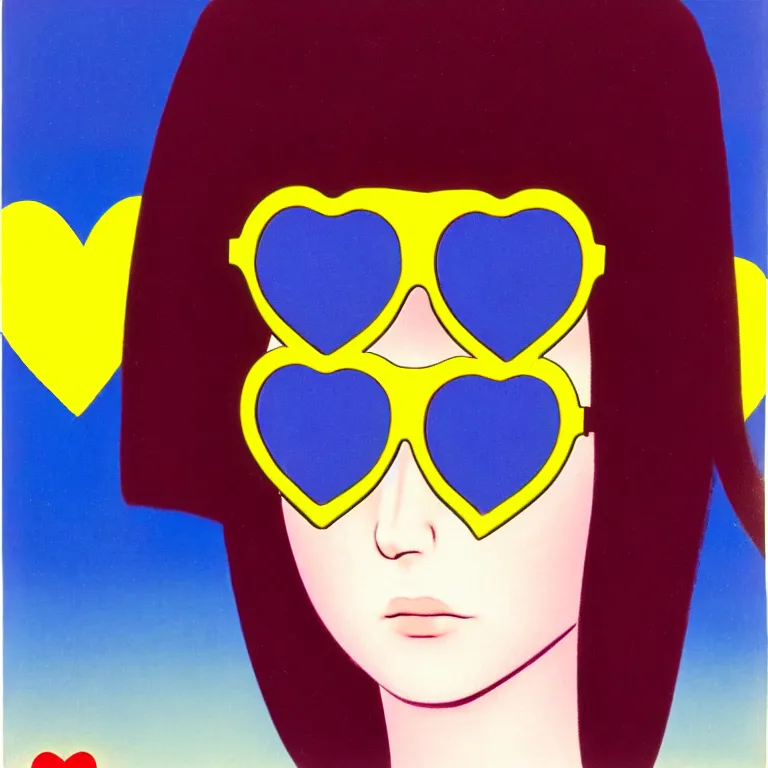 Prompt: by tadanori yokoo. anime girl wearing heart shaped sunglasses.