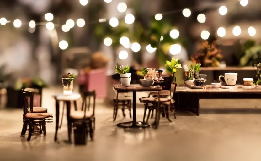 Image similar to mini cafe for mice diorama macro photography, ambient, atmospheric photograph, bokeh, string lights, hanging plants, coffee, pastries