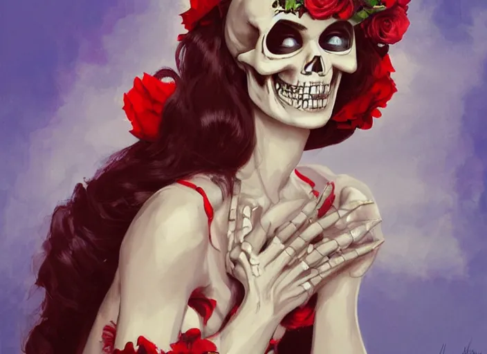 Image similar to cute & beautiful smiling mexican undead skeleton girl with red lips dressed as a bride looking at the viewer, elegant, digital art, fantasy, pixar style, painting, pin up, highly detailed, artstation, art by artgerm, vrubel, boris vallejo and ilya kuvshinov
