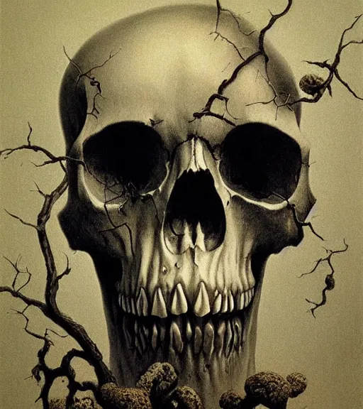 Image similar to skull, ivy, death by zdislaw beksinski