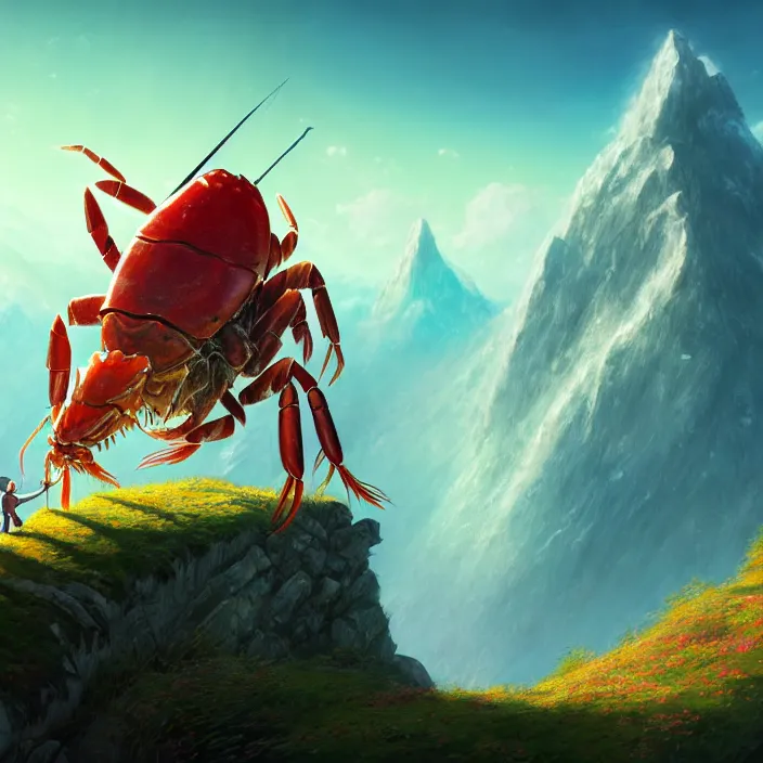 Prompt: Authentic illustrations of In The Lord of the Rings, giant crayfish with whistle on a mountain, Magnificent super wide angle,high quality, 8k,high resolution, city landscape, side scrolling, 4K, Retrofuturism,by makoto shinkai,Anton Fadeev, thomas kinkade,greg rutkowski