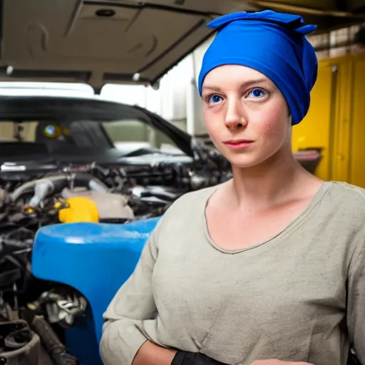 Image similar to the real life version of the girl with a pearl earring living her life as a mechanic in a small town, still from a local magazine, high quality photography,