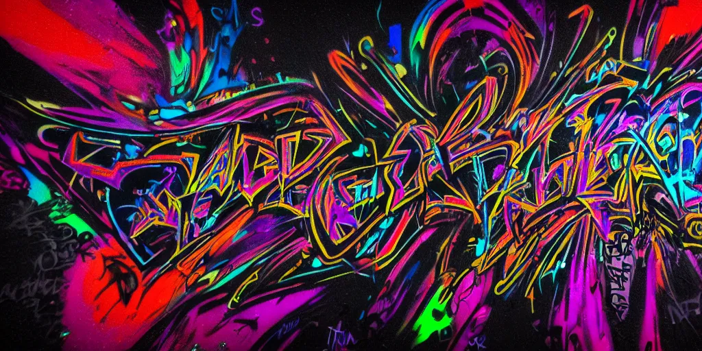 Image similar to a single gritty psychedelic graffiti sprayed on a black background and surrounded by darkness, concept art, 4 k, unreal render, octane, trending on artstation