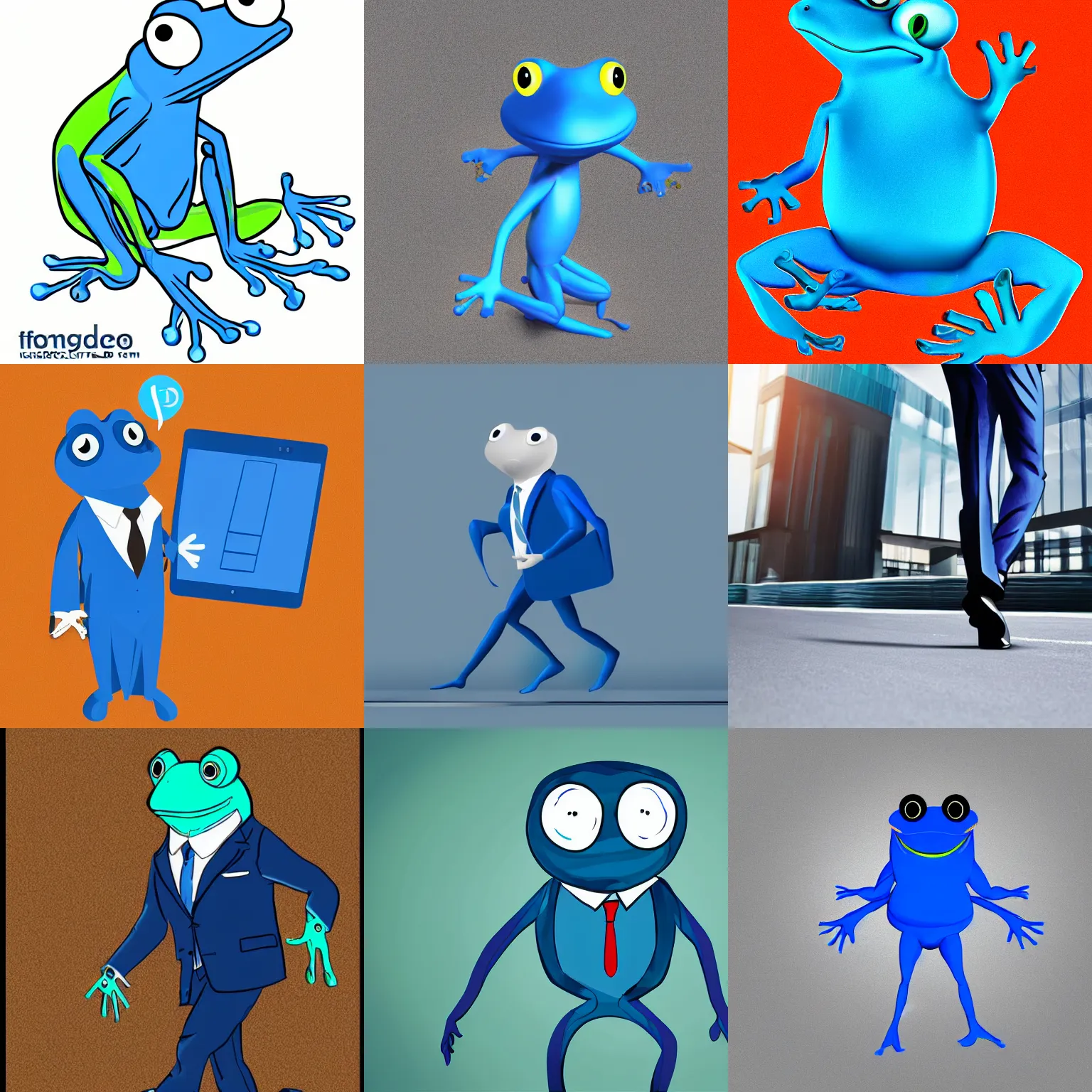 Prompt: a blue frog with human legs and arms, going to work, he is wearing a business suit and is going to work, digital art