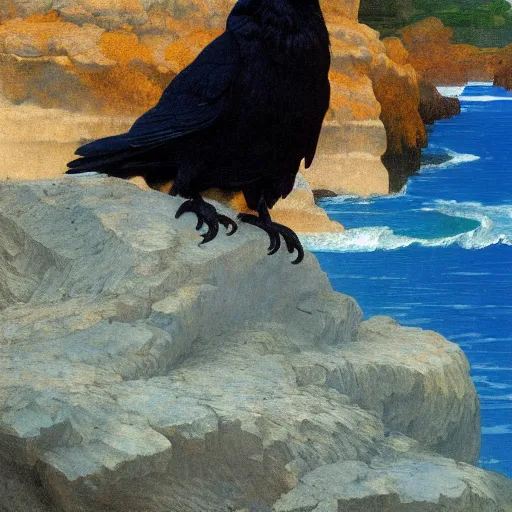 Image similar to a beautifully highly detailed close up portrait of a raven under a rock arch, coves crashing waves plants, beautiful serene sunset, detailed organic textures, by frederic leighton and rosetti and turner and eugene von guerard, 4 k