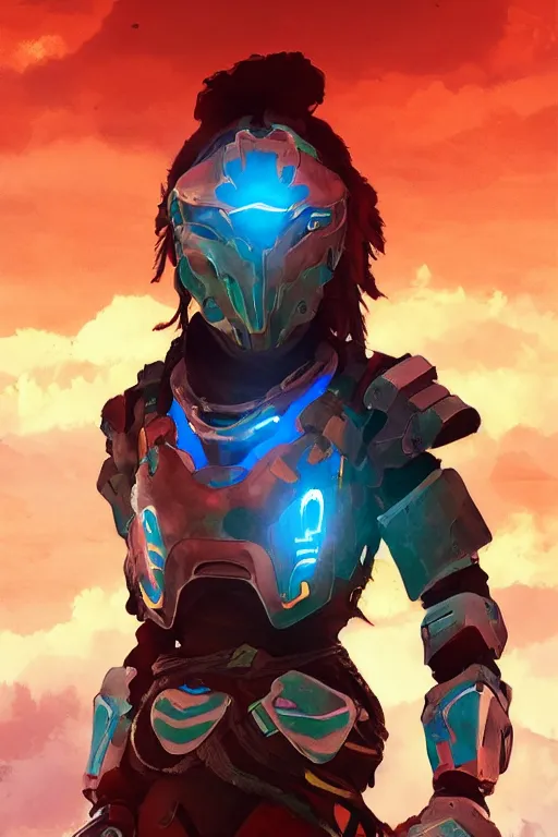 Image similar to combination suit armor aloy horizon forbidden west horizon zero dawn radiating a glowing aura global illumination ray tracing hdr fanart arstation by ian pesty and alena aenami artworks in 4 k tribal robot ninja mask helmet backpack