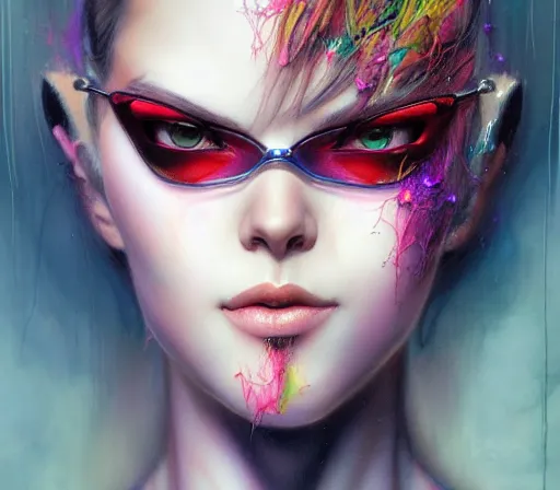 Prompt: a portrait of Bayonetta , tall, pale-skinned, by Stanely Artgerm,Tom Bagshaw,arthur adams,Carne Griffiths,trending on DeviantArt,street art,face enhance,chillwave,maximalist,full of color,glittering