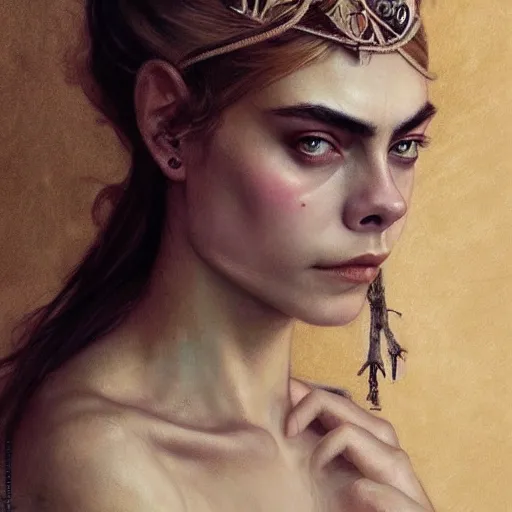 Image similar to Cara Delevigne , intricate, elegant, highly detailed, digital painting, artstation, HR GIGER, Hieronymus Bosch, Francis Bacon, concept art, smooth, sharp focus, illustration, art by artgerm and greg rutkowski and alphonse mucha