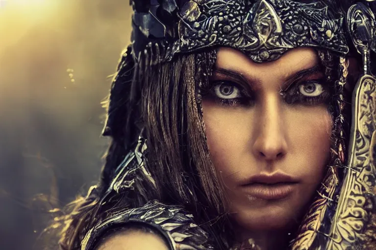 Prompt: close - up photo of a beautiful warrior princess in a battle scene, detailed eyes, shallow depth of field, photorealistic, cinematic lighting, lovely bokeh, warm colours, dusk