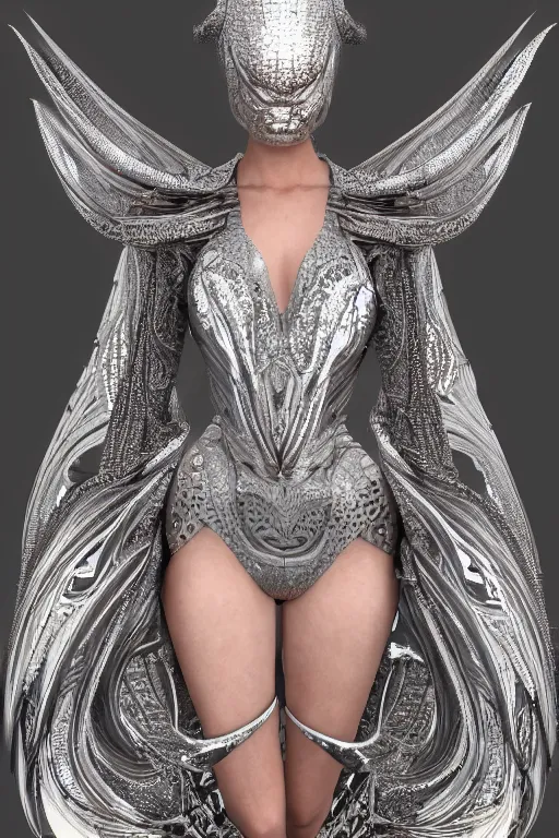 Image similar to a highly detailed metahuman render painting of an alien goddess bella hadid in iris van herpen dress schiaparelli in diamonds and jewelry in style of alphonse mucha trending on artstation made in unreal engine 4