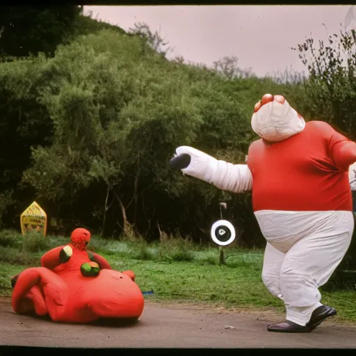 Image similar to a 3 5 mm photography, kodachrome colour, of grandpa fighting with white michelin man costume, riding a hippo, strange creatures and alien plants around, photos taken by martin parr - h 9 6 0 - w 1 0 8 8