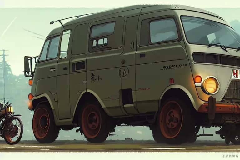 Prompt: dieselpunk honda e kei van, painted by greg rutkowski makoto shinkai takashi takeuchi studio ghibli, akihiko yoshida