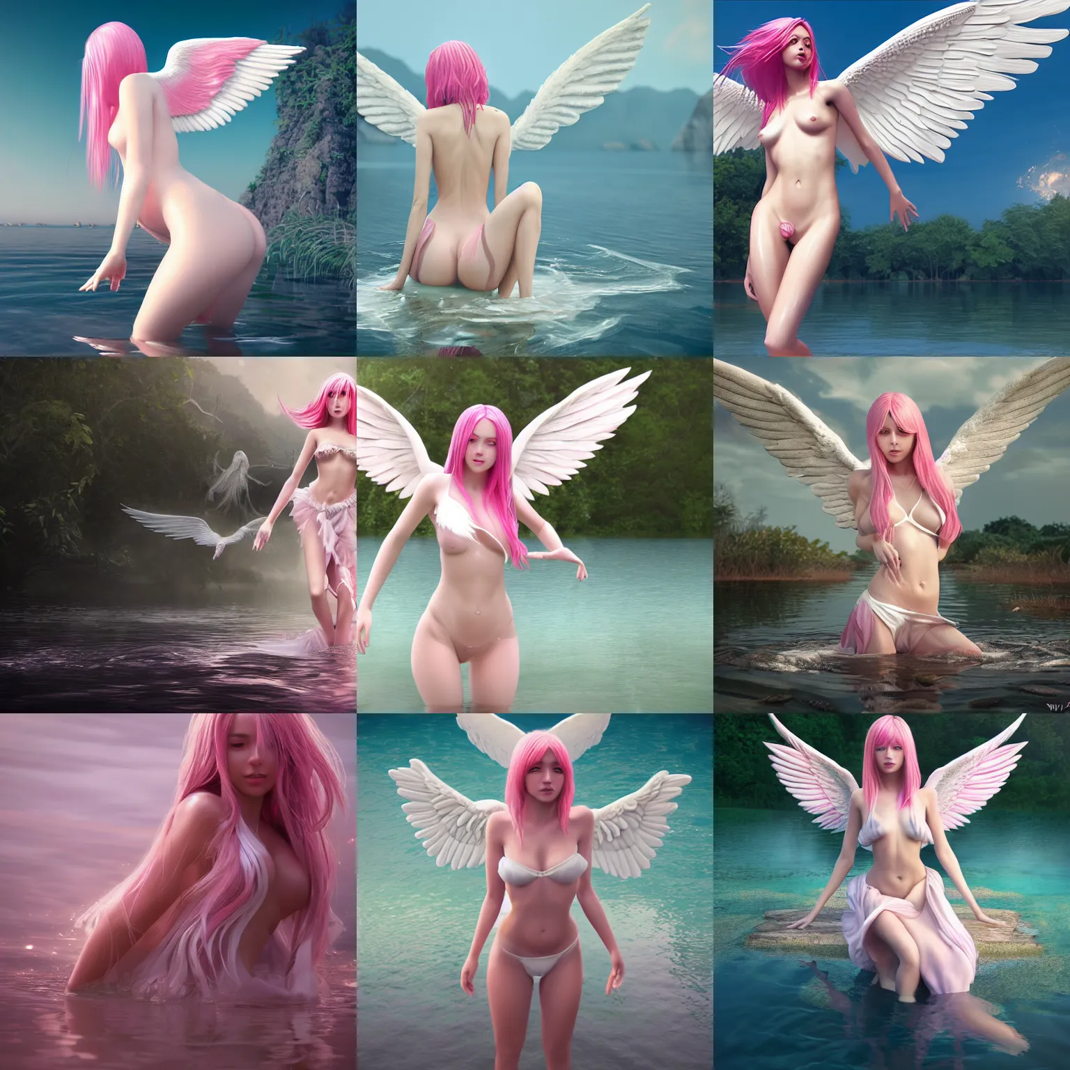 Prompt: beautiful female angel rising out of lake, pink hair, white wings, white sarong, hourglass figure, white eyes, detailed anatomy, by wlop, cg society contest winner, cinematic paint, unreal engine