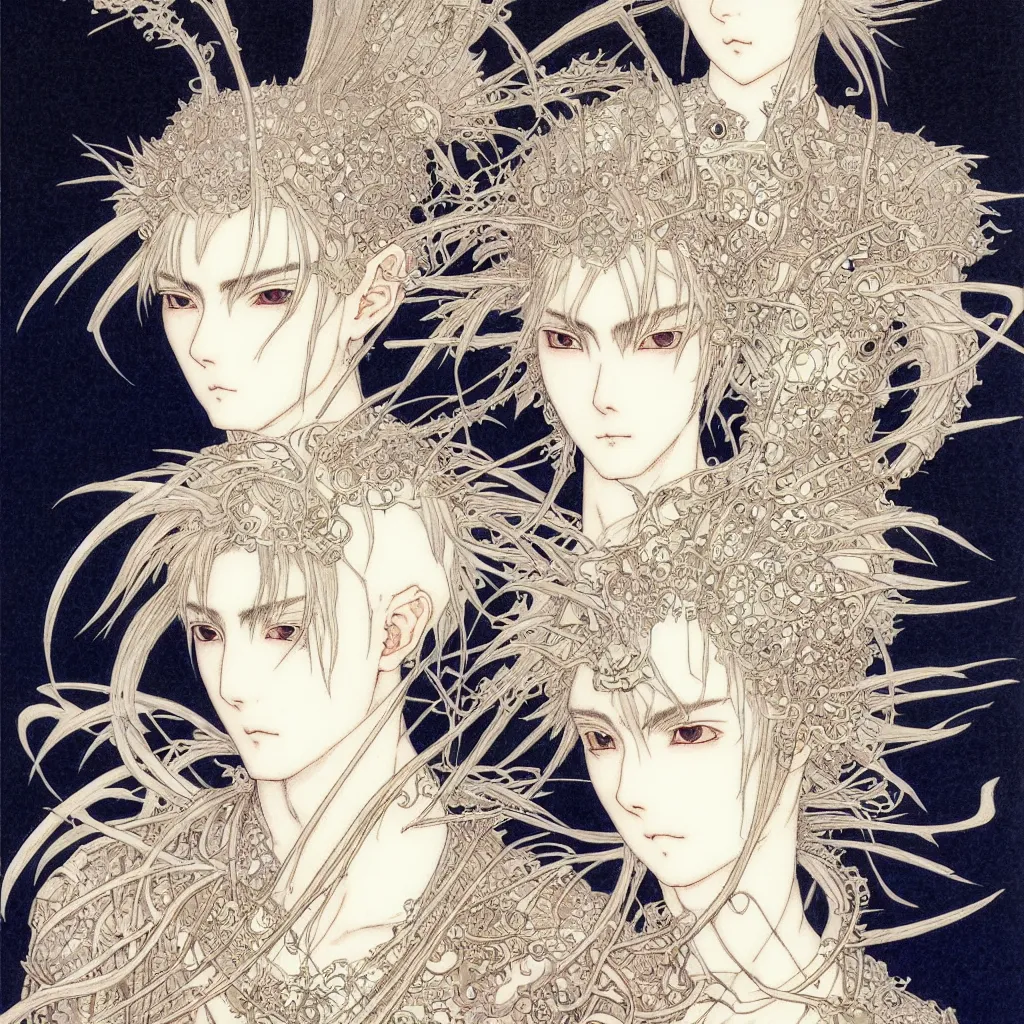 Image similar to prompt: human Fragile looking character soft light portrait face drawn by Takato Yamamoto, modernistic looking armor with wild hairstyle, inspired by Evangeleon anime, alchemical objects on the side, soft light, intricate detail, intricate ink and gouache painting detail, manga and anime 1990 high detail, manga 1990