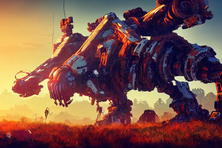 Image similar to scrapper machine mecanical creature robot of horizon forbidden west horizon zero dawn radiating a glowing aura global illumination ray tracing hdr fanart arstation by ian pesty and alena aenami artworks in 4 k