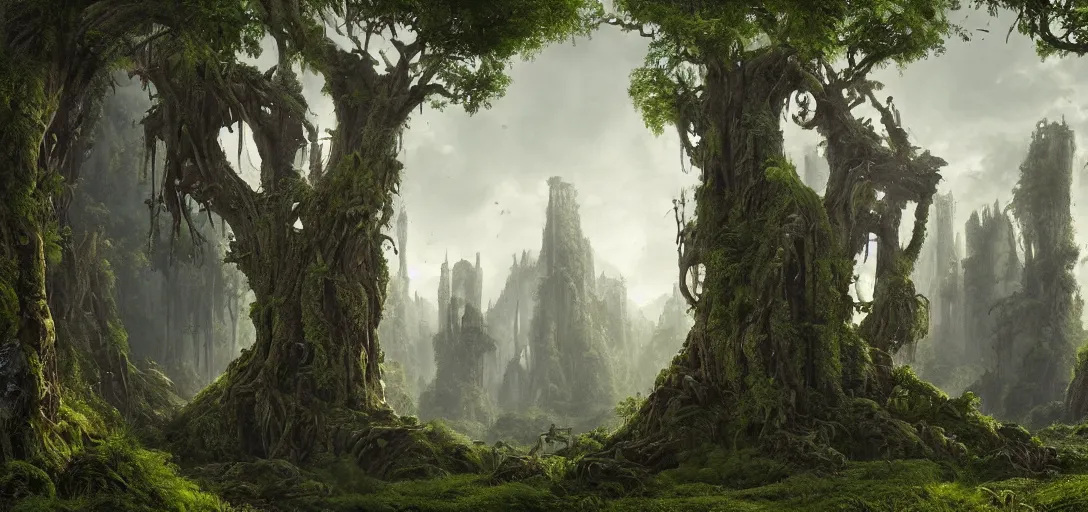 Prompt: gigantic palace-castle adorned pillars, towers, gnarly trees, lush vegetation, forrest, landscape, raphael lacoste, eddie mendoza, alex ross, concept art, matte painting, highly detailed, rule of thirds, dynamic lighting, cinematic, detailed, denoised, centerd