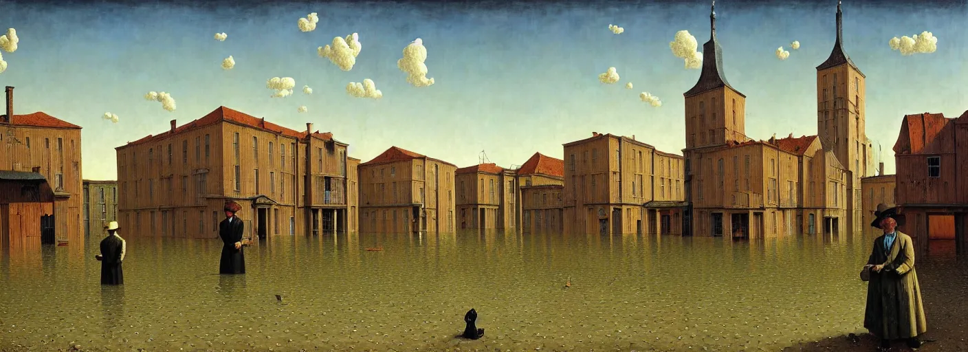 Prompt: flooded! old wooden empty cursed city square, very coherent and colorful high contrast masterpiece by franz sedlacek rene magritte gediminas pranckevicius norman rockwell, full - length view, dark shadows, sunny day, hard lighting, reference sheet white background