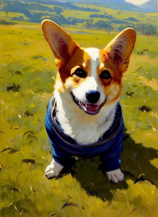 Image similar to Greg Manchess painting of a humanoid Corgi, countryside, calm, fantasy character portrait, dynamic pose, above view, sunny day, artwork by Jeremy Lipkin and Giuseppe Dangelico Pino and Michael Garmash and Rob Rey, very coherent asymmetrical artwork, sharp edges, perfect face, simple form, 100mm