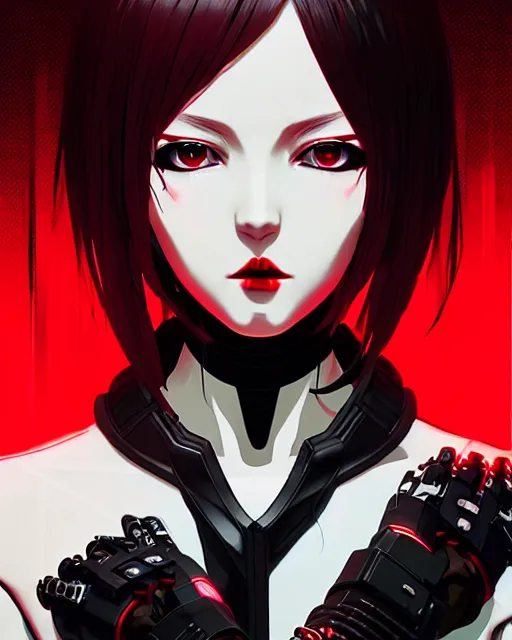 Image similar to a detailed potrait of a cyberpunk cyborg girl with black and red parts, perfect face, realistic shaded perfect face, detailed. night setting. very anime style. realistic shaded lighting poster by ilya kuvshinov katsuhiro, unreal engine, global illumination, radiant light, detailed and intricate environment, full length and white stockings