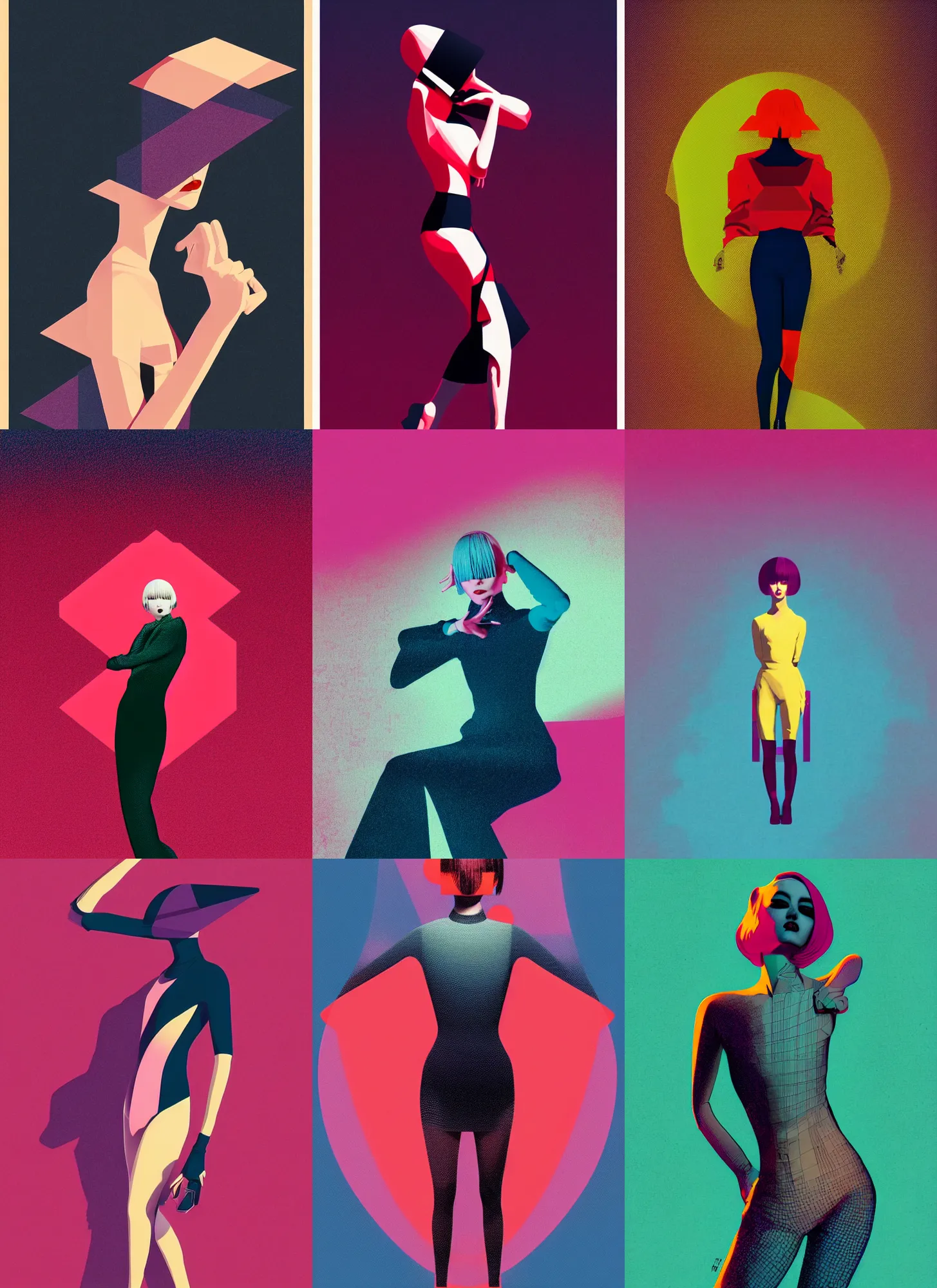 Prompt: ( ( strong dither ) ), full body portrait of a woman like reol, dynamic pose, modern art deco, ( ( mads berg ) ), christopher balaskas, dynamic composition, editorial illustration, detailed, matte print, halftone, victo ngai, rich, muted color, wide angle, lomography, risograph gradient, volumetric