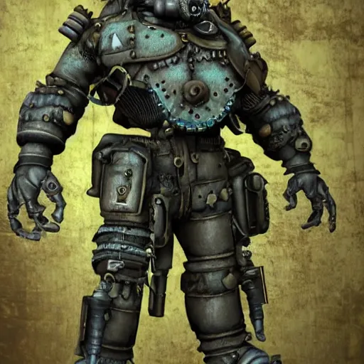 Image similar to highly detailed steampunk morbid obese undead heavy soldier with heavy machine guns, pipes connected to the head, madmax, intricate, rusty, green radioactive glow, toxic waste, 3D render