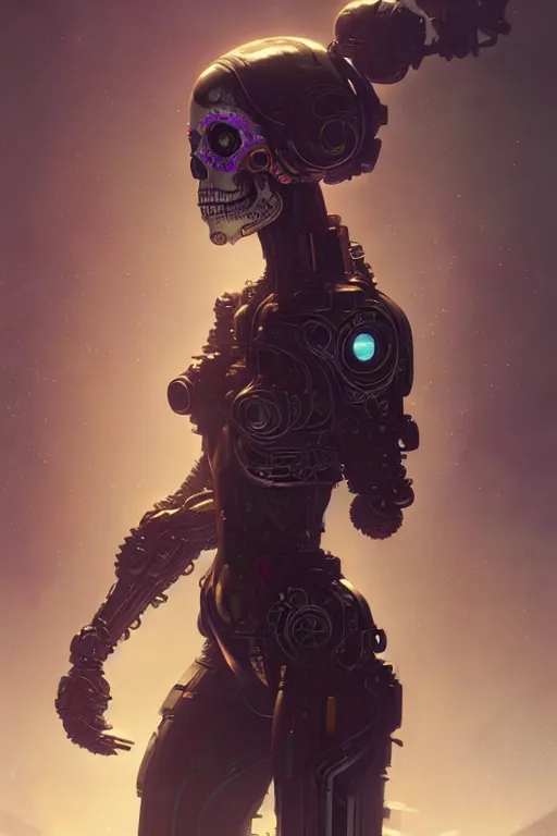 Image similar to ultra detailed Female Android, scifi, fantasy, octane render, (dia de los muertos), asymmetrical, intricate concept art, art by Godmachine and michael welan and DZO and greg rutkowski and alphonse mucha and loish and WLOP