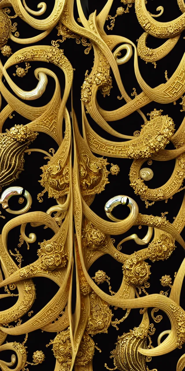 Image similar to subsurface scattering, seamless 3 d baroque gold and black pattern, beautiful dynamic shadows, gold silver iridescent pearls and swarovski crystals, symmetrical, rococo elements, damask pattern, swirls and spirals, dolce and gabanna, michelangelo, iris van herpen artstation, versace pattern, concept design art, octane render, 8 k